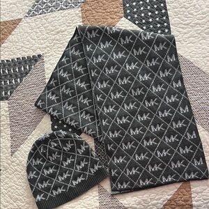 Michael Kors Black and Gray Logo Scarf and Beanie Set